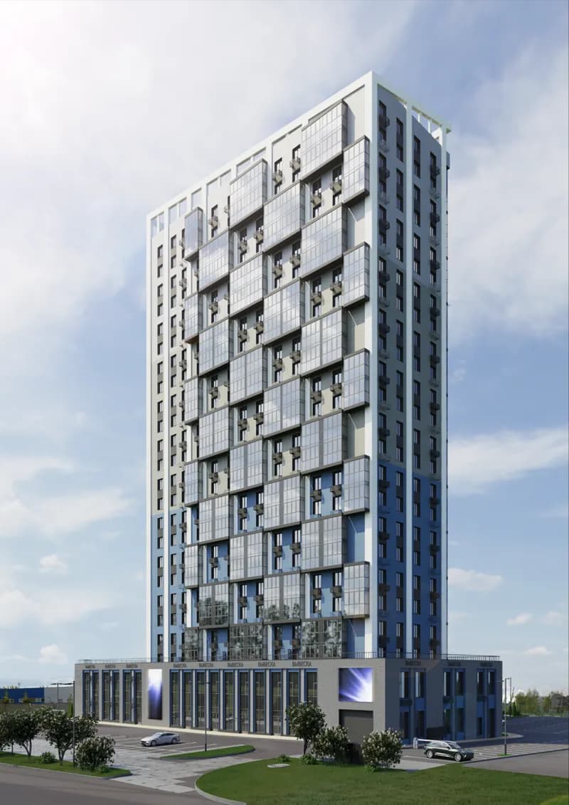 Современный дизайн фасада ЖК Академик Королёв Современный фасад жилого комплекса Академик Королёв в Набережных Челнах